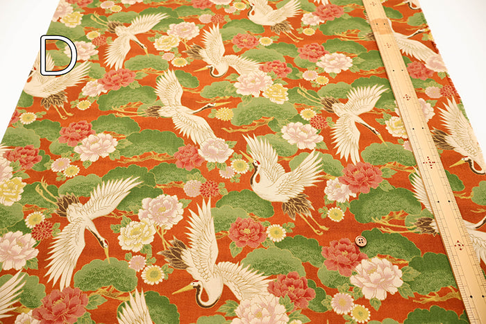 Cotton Muslin Printed Fabric - Japanese Pattern, Vintage-style Crane - nomura tailor