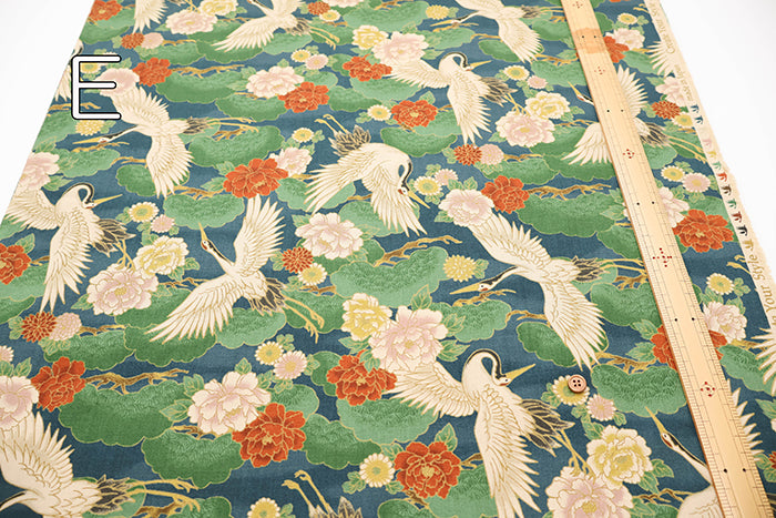 Cotton Muslin Printed Fabric - Japanese Pattern, Vintage-style Crane - nomura tailor
