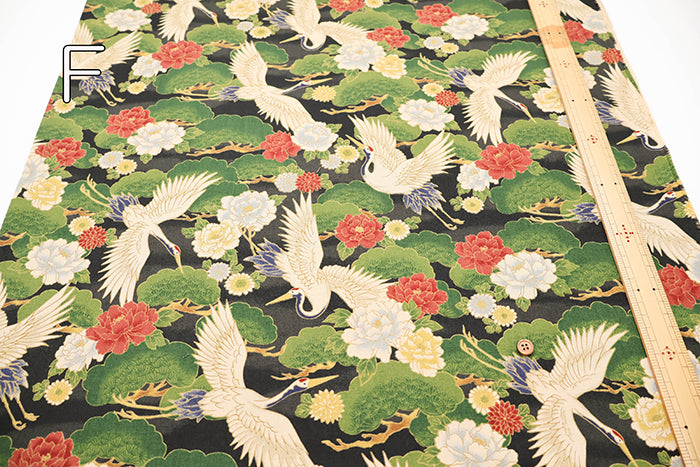 Cotton Muslin Printed Fabric - Japanese Pattern, Vintage-style Crane - nomura tailor