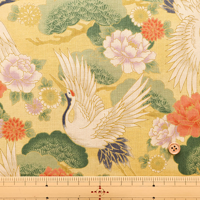 Cotton Muslin Printed Fabric - Japanese Pattern, Vintage-style Crane - nomura tailor