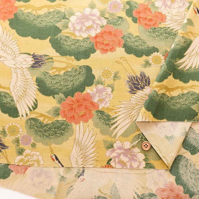 Cotton Muslin Printed Fabric - Japanese Pattern, Vintage-style Crane - nomura tailor