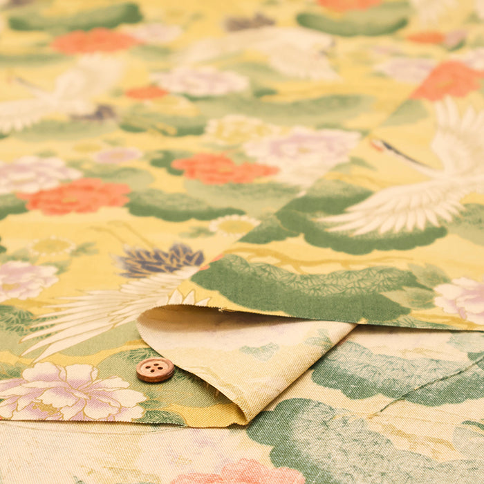 Cotton Muslin Printed Fabric - Japanese Pattern, Vintage-style Crane - nomura tailor
