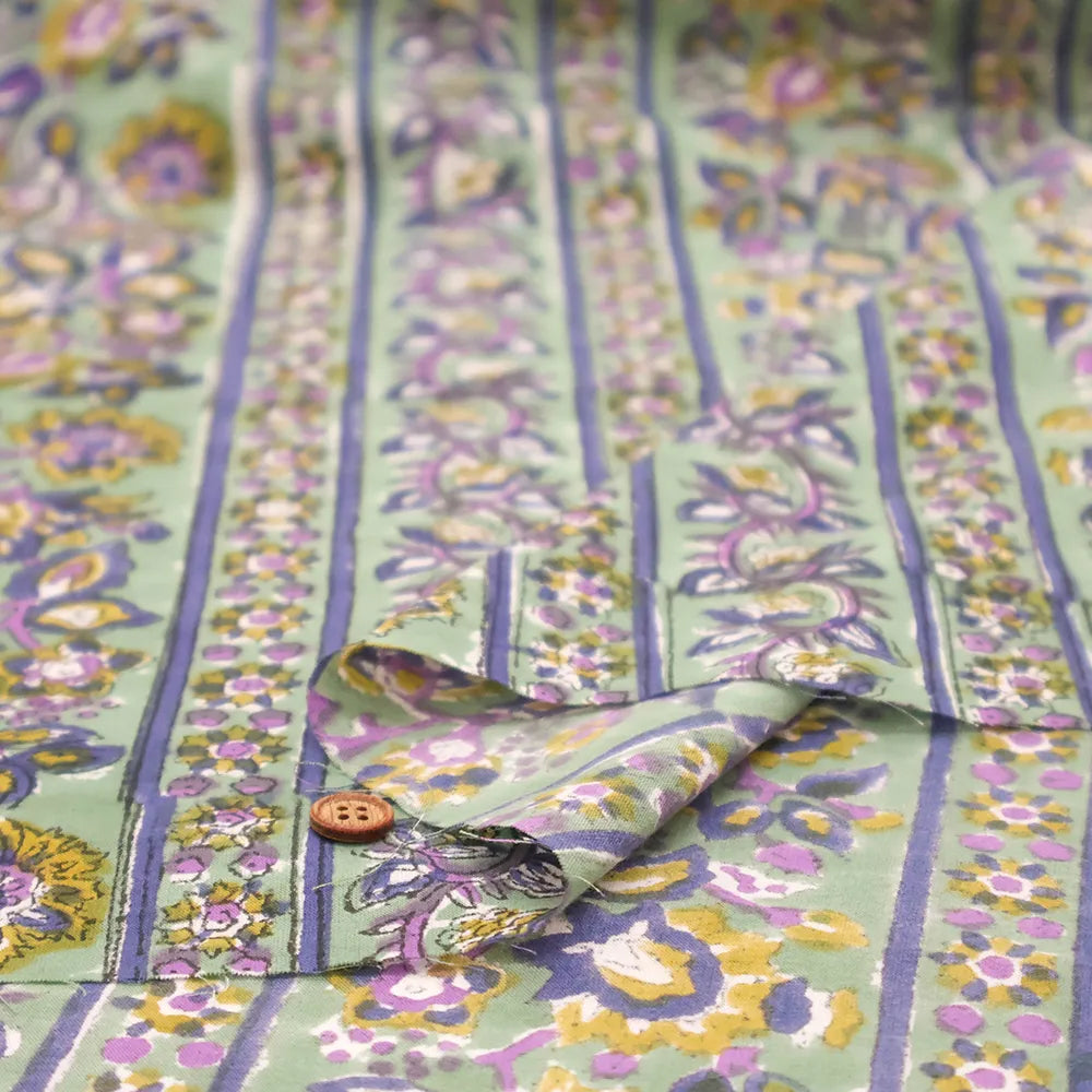 インド製 Cotton Cambric Printed Fabric エスニック ストライプボタニカル - nomura tailor