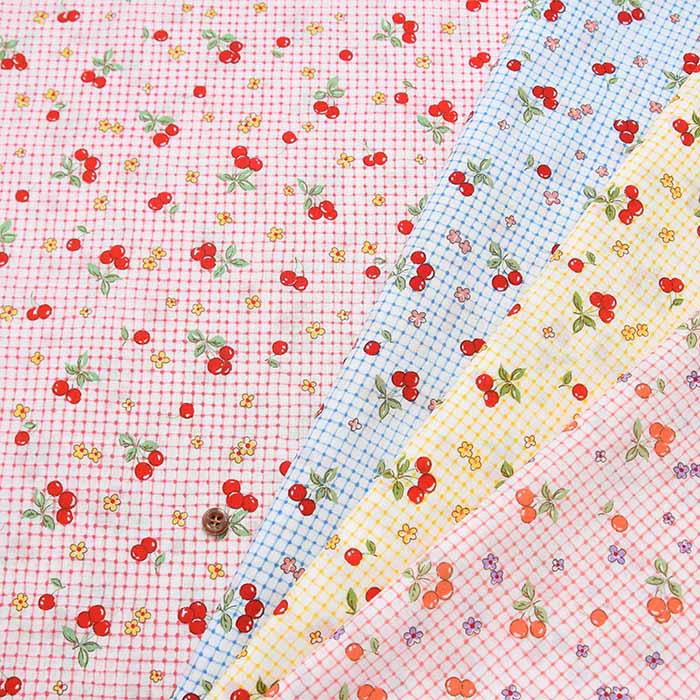 happy message 30's cotton scape print fabric check & cherry - nomura tailor