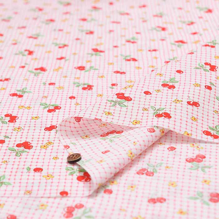 happy message 30's cotton scape print fabric check & cherry - nomura tailor