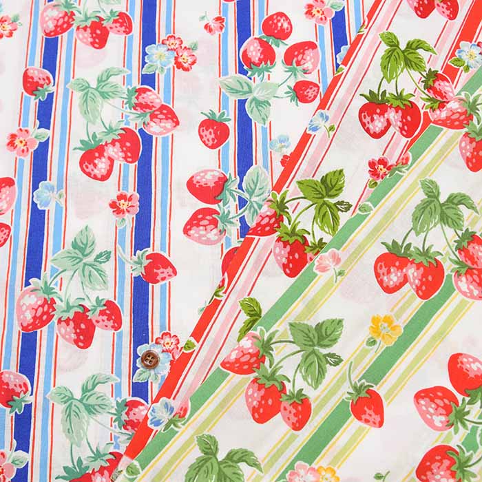 happy message 30's cotton scape print fabric stripe & strawberry - nomura tailor