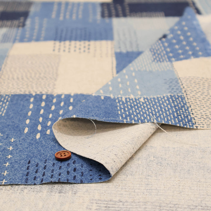 C/L Canvas Print Fabric Denim - Sashiko-style Patchwork