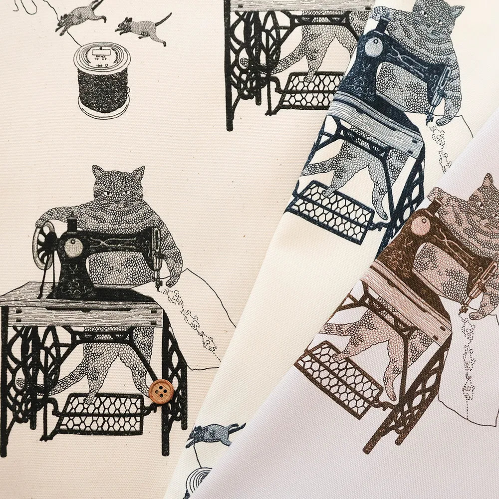 Cotton Oxford Printed Fabric - Cat Sewing Machine - nomura tailor
