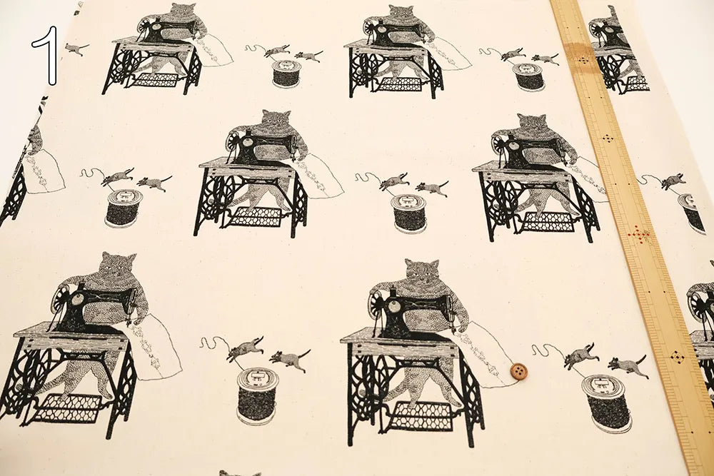 Cotton Oxford Printed Fabric - Cat Sewing Machine - nomura tailor