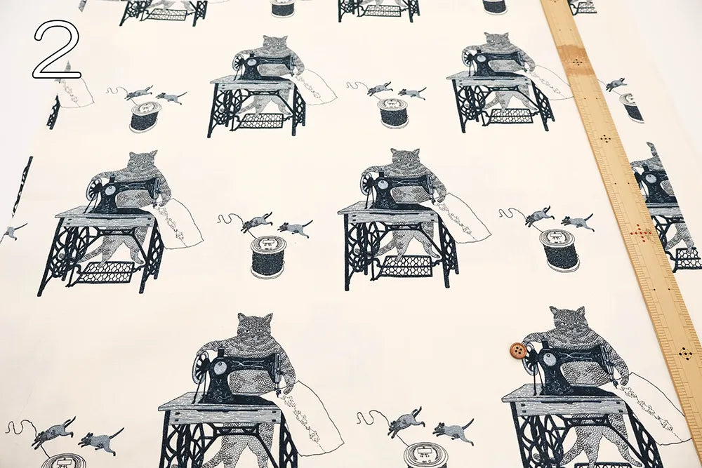 Cotton Oxford Printed Fabric - Cat Sewing Machine - nomura tailor