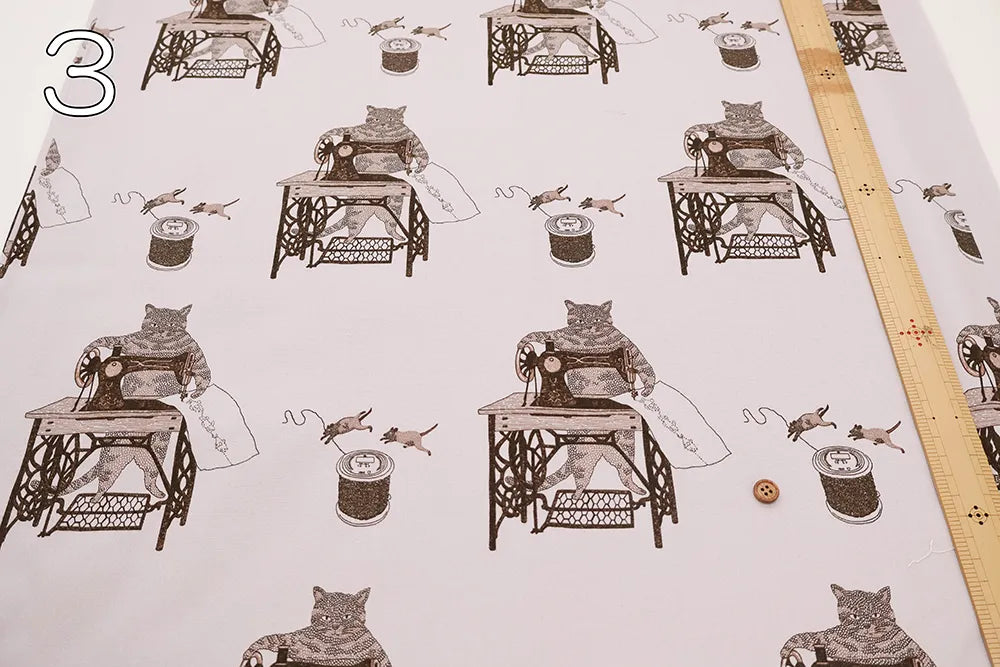 Cotton Oxford Printed Fabric - Cat Sewing Machine - nomura tailor