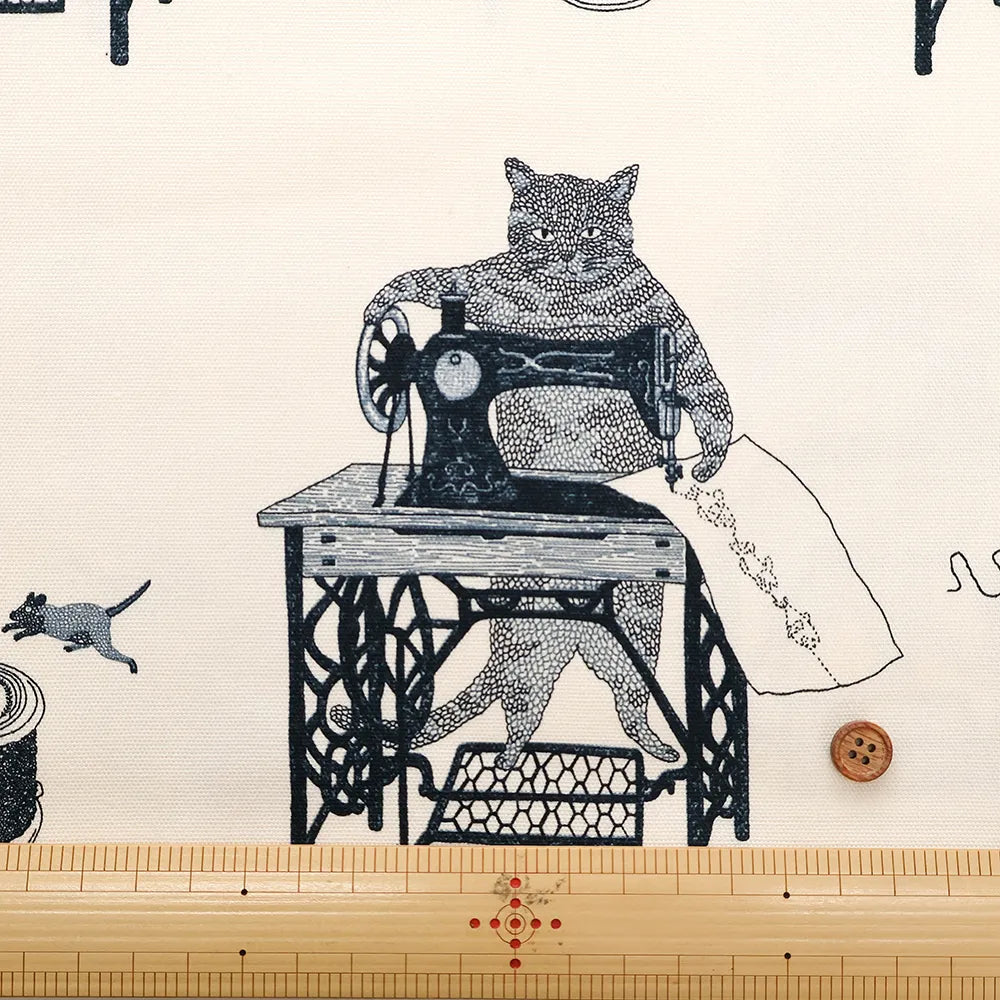 Cotton Oxford Printed Fabric - Cat Sewing Machine - nomura tailor