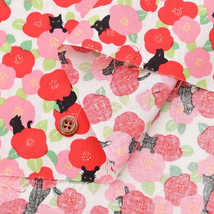 Cotton sheeting print fabric Camellia and black cat - nomura tailor