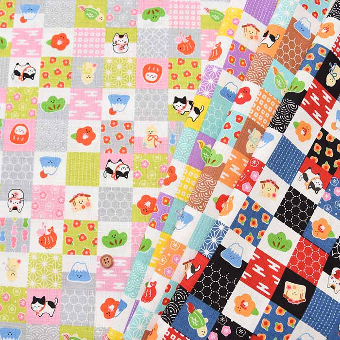 Cotton dobby printed fabric WA monogatari Checkered lucky charm - nomura tailor