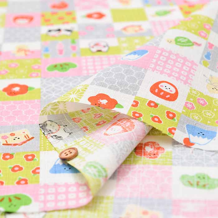 Cotton dobby printed fabric WA monogatari Checkered lucky charm - nomura tailor