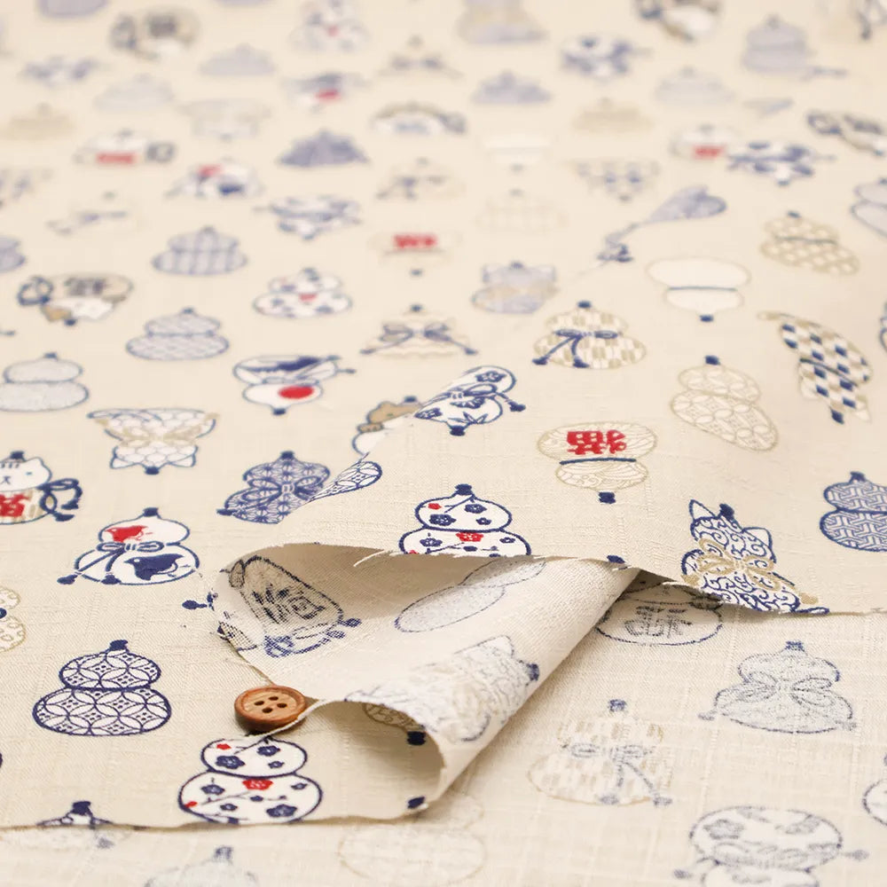 Cotton Dobby Printed Fabric - Gourd Cat - nomura tailor