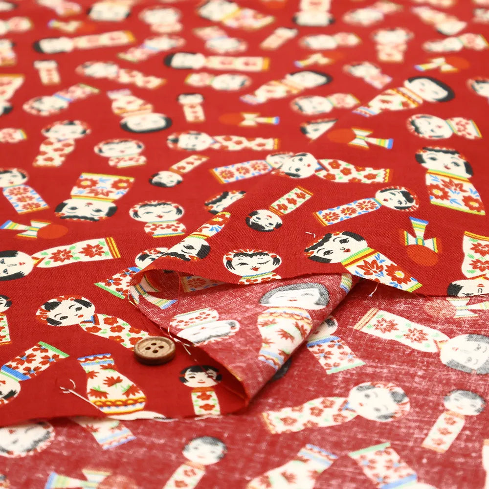 Cotton Sharting Printed Fabric - Kokeshi Dolls - nomura tailor