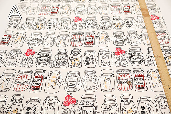 Cotton Oxford Printed Fabric - Cat & Bottle - nomura tailor