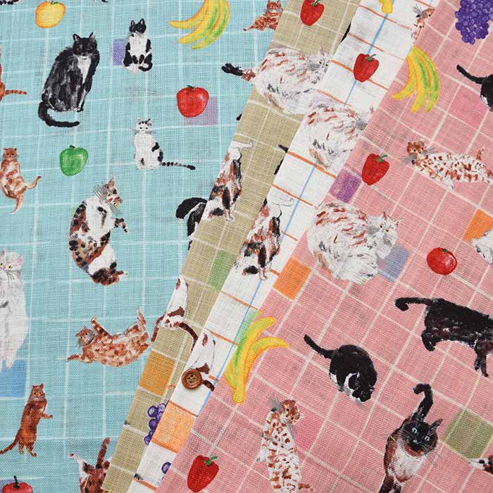 Cotton Morley Cross Print Fabric Paper Message Cat and Table Fruit - nomura tailor