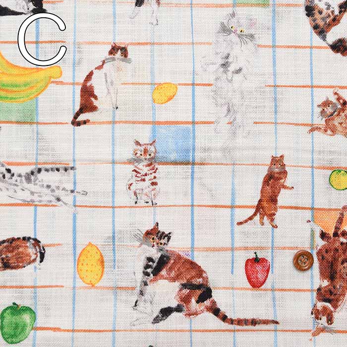 Cotton Morley Cross Print Fabric Paper Message Cat and Table Fruit - nomura tailor