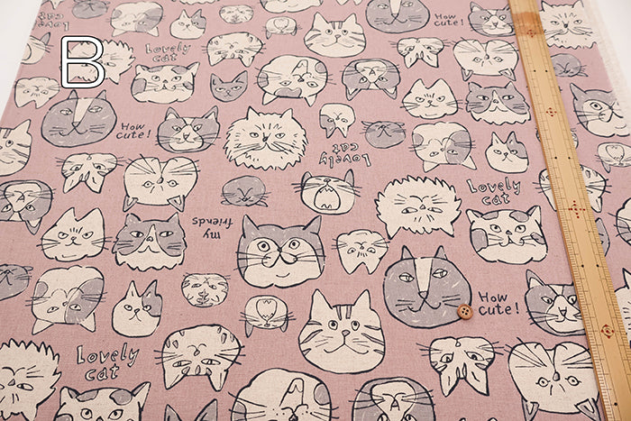 C/L Canvas Print Fabric - Doodle Animal Cats face - nomura tailor
