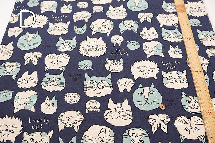 C/L Canvas Print Fabric - Doodle Animal Cats face - nomura tailor
