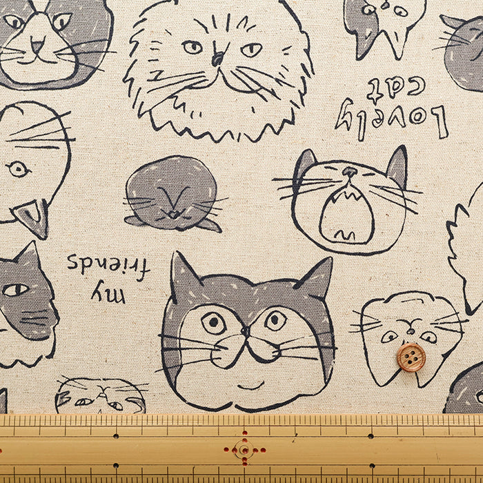 C/L Canvas Print Fabric - Doodle Animal Cats face - nomura tailor