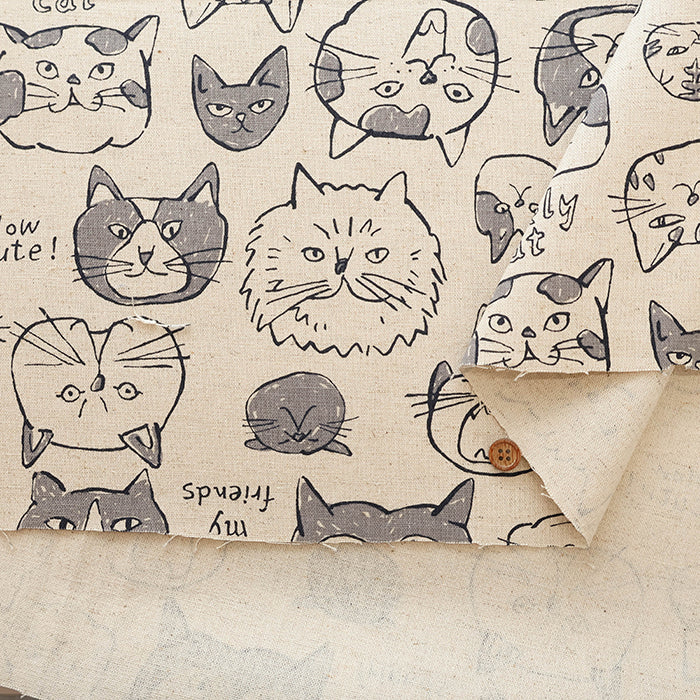 C/L Canvas Print Fabric - Doodle Animal Cats face - nomura tailor