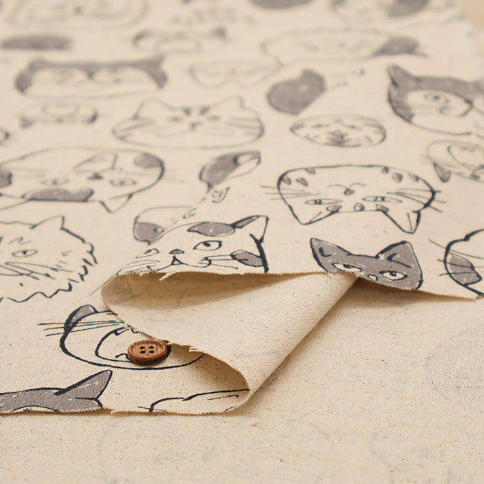 C/L Canvas Print Fabric - Doodle Animal Cats face - nomura tailor
