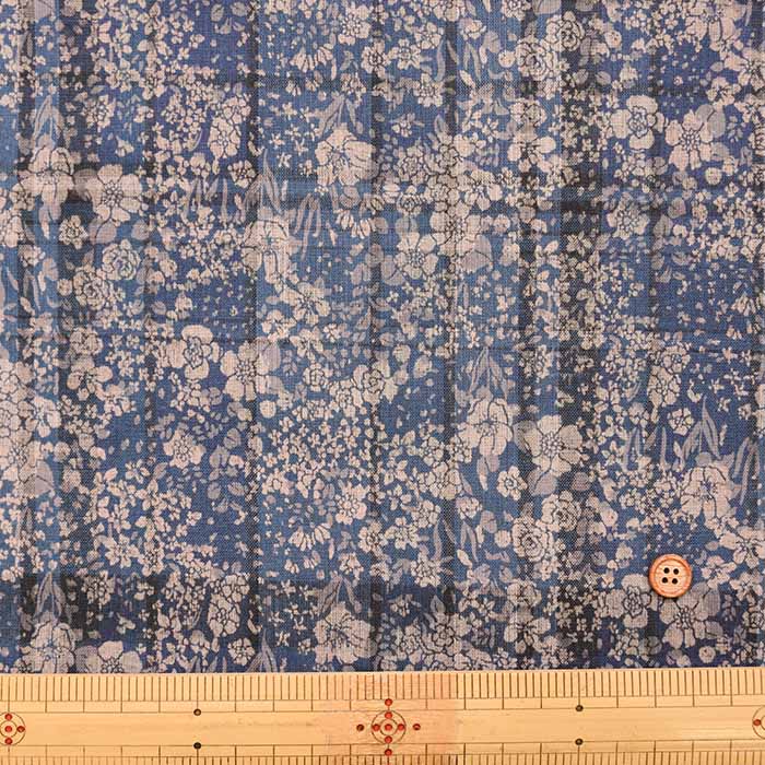 Cotton printed fabric Indigo Madras overprint - nomura tailor