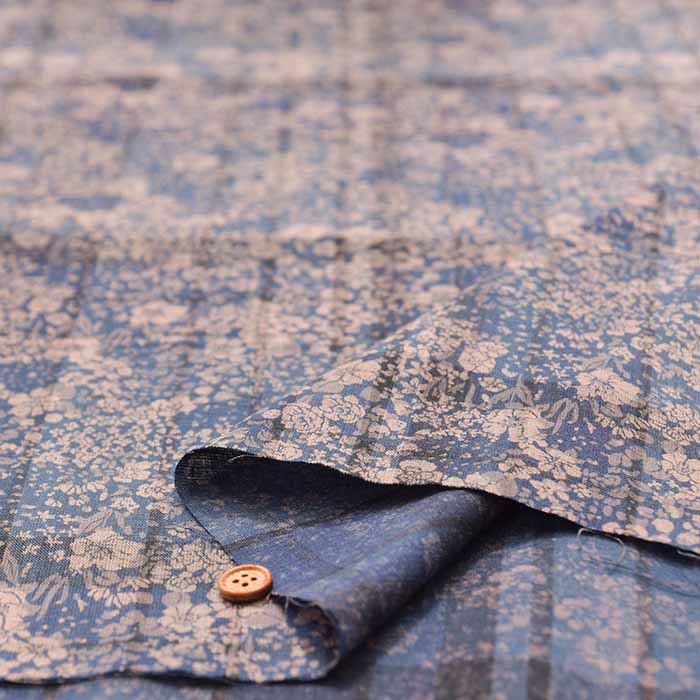 Cotton printed fabric Indigo Madras overprint - nomura tailor