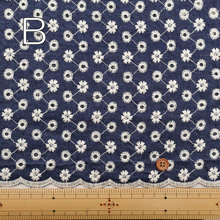 Cotton Indigo Light Denim Embroidery Lace Fabric - nomura tailor