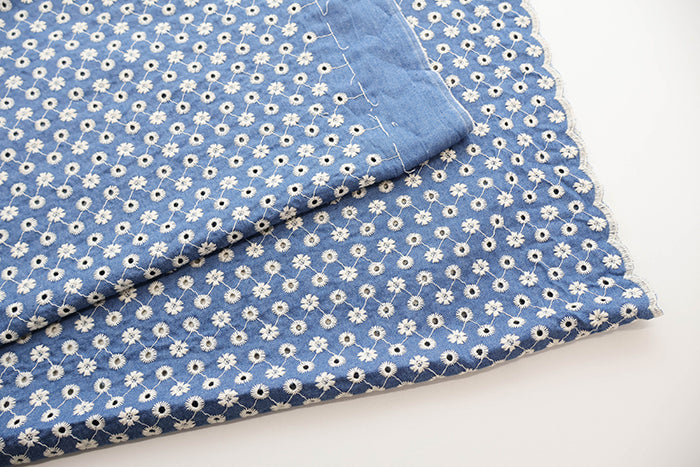 Cotton Indigo Light Denim Embroidery Lace Fabric - nomura tailor