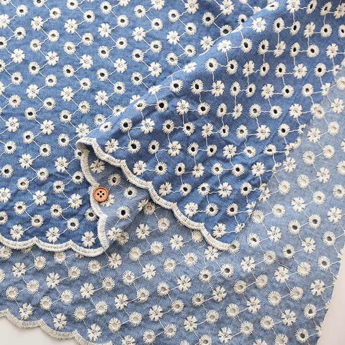 Cotton Indigo Light Denim Embroidery Lace Fabric - nomura tailor