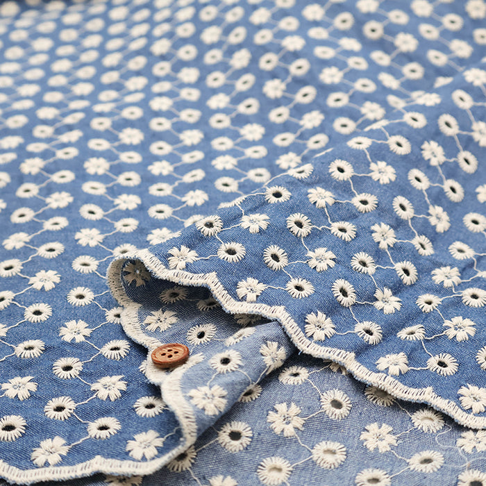 Cotton Indigo Light Denim Embroidery Lace Fabric - nomura tailor