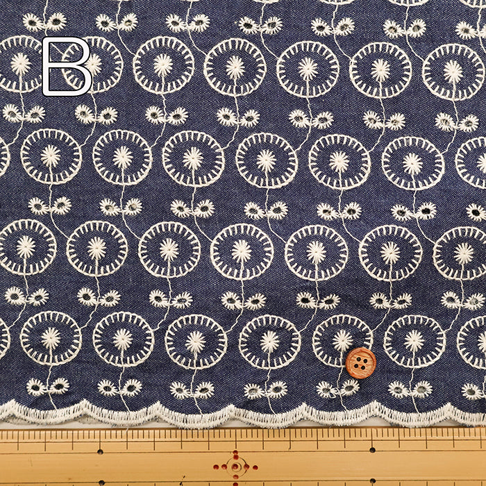 Cotton Indigo Light Denim Embroidery Lace Fabric - nomura tailor