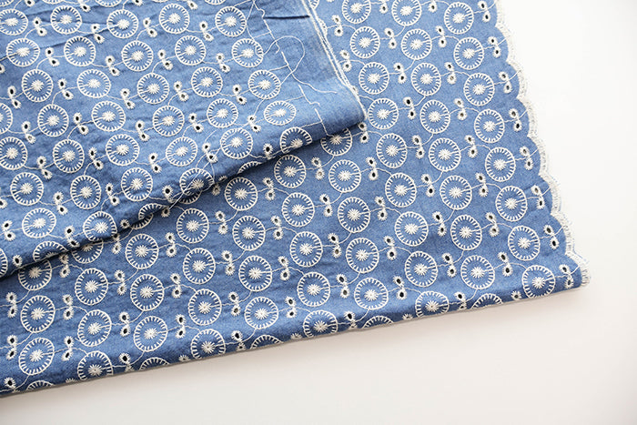 Cotton Indigo Light Denim Embroidery Lace Fabric - nomura tailor