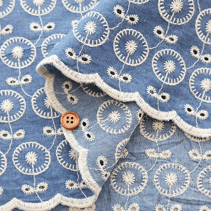 Cotton Indigo Light Denim Embroidery Lace Fabric - nomura tailor