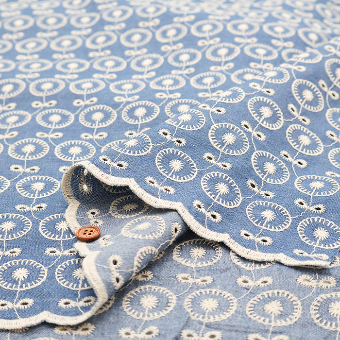 Cotton Indigo Light Denim Embroidery Lace Fabric - nomura tailor