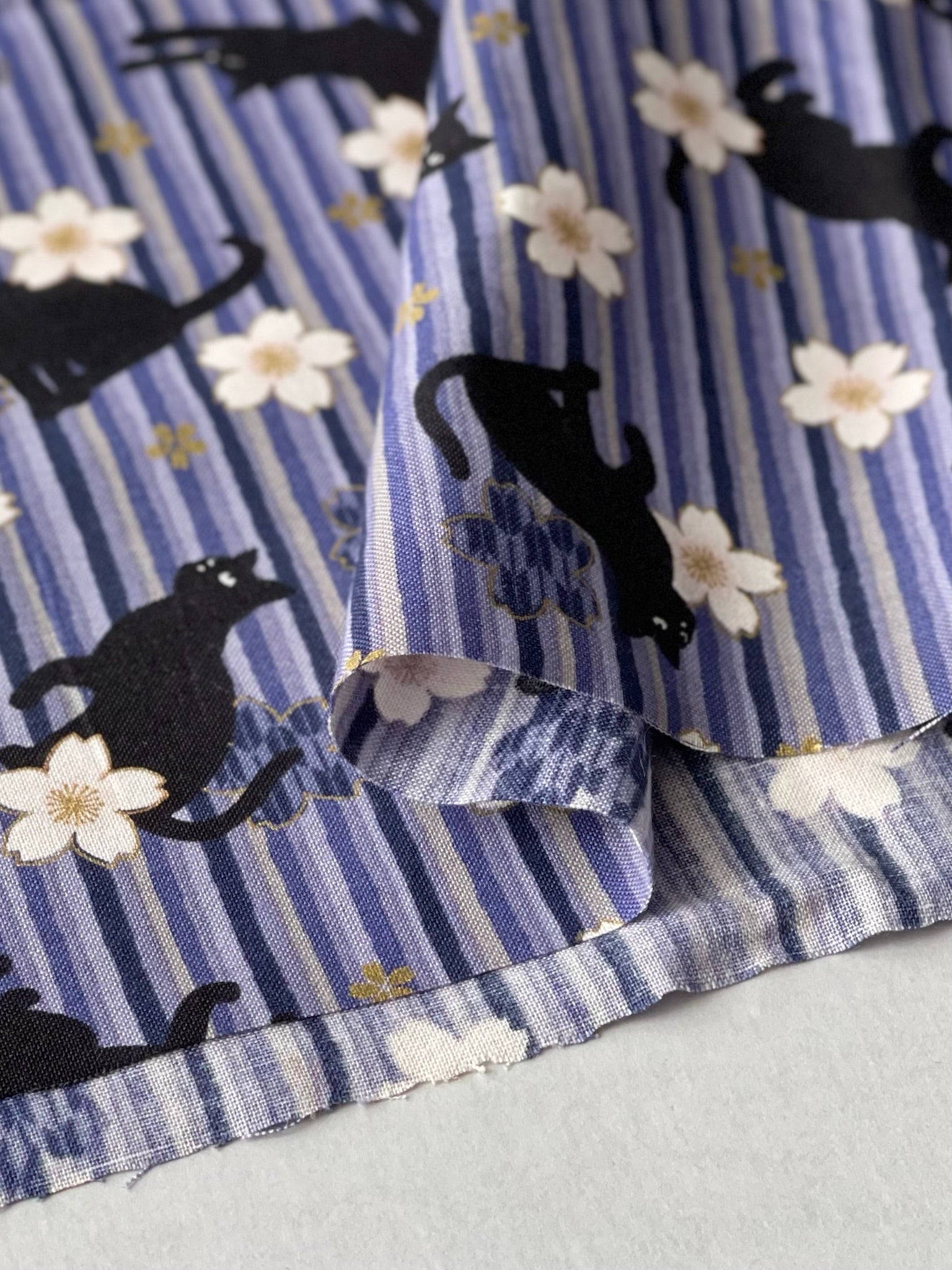 Cotton muslin Print Fabric - Blooming Orchids - Cherry Blossoms, and Cat - nomura tailor
