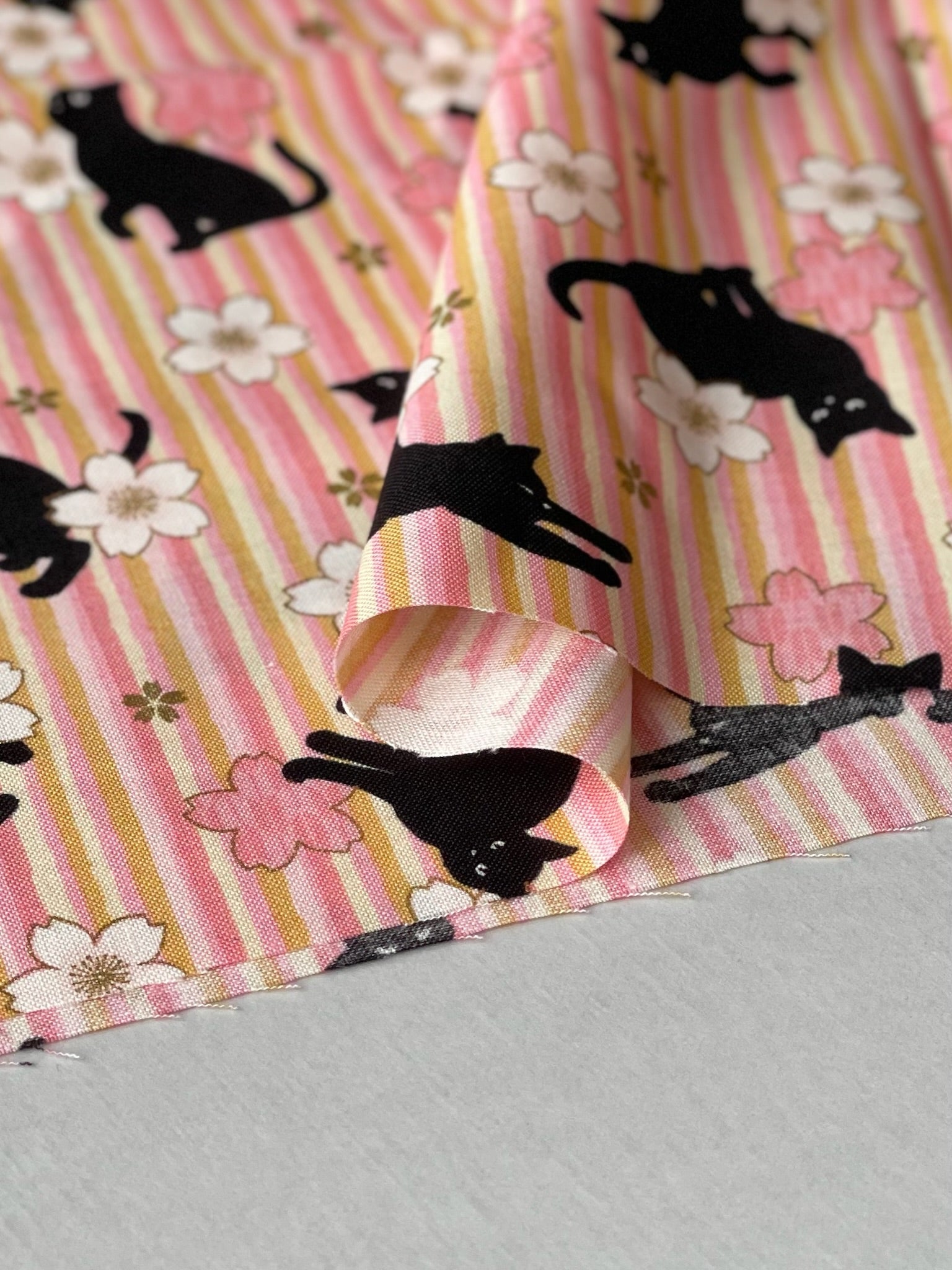 Cotton muslin Print Fabric - Blooming Orchids - Cherry Blossoms, and Cat - nomura tailor