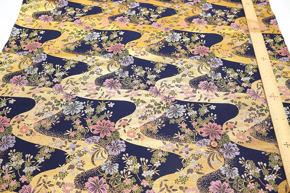 Gold Brocade (Kinran) - Flowing Water with Seasonal Flowers - nomura tailor