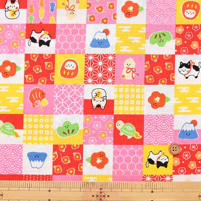 Cotton dobby printed fabric WA Monogatari Checkered lucky charm - nomura tailor