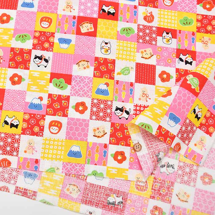 Cotton dobby printed fabric WA Monogatari Checkered lucky charm - nomura tailor