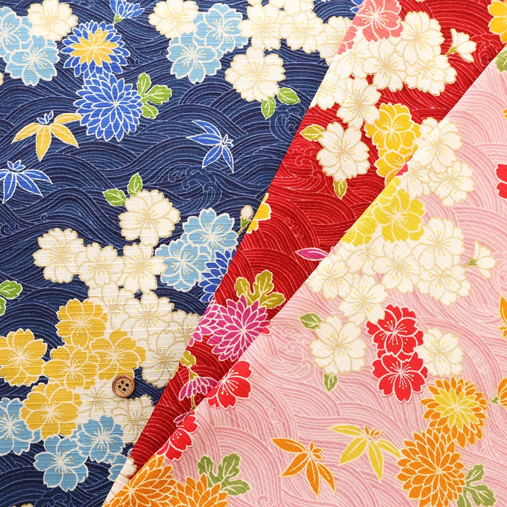 Cotton Shantung Printed Fabric - Hanazome Komachi Seigaiha Sakura - nomura tailor