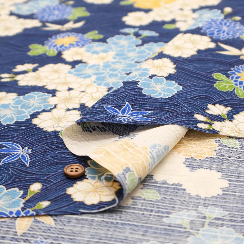 Cotton Shantung Printed Fabric - Hanazome Komachi Seigaiha Sakura - nomura tailor