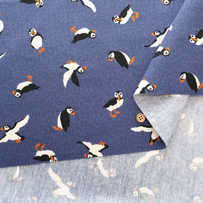 Cotton Oxford Printed Fabric - Denim Style Puffin - nomura tailor