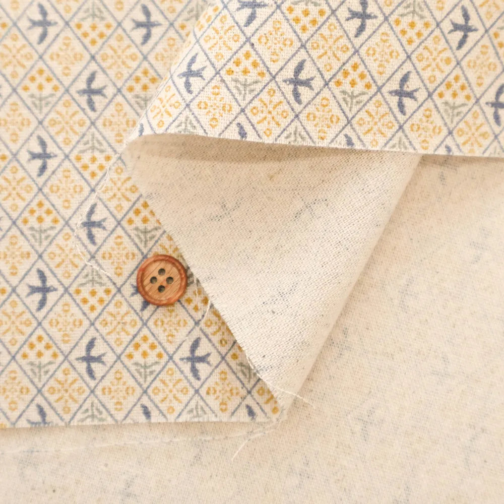 C/L Canvas Printed Fabric - sashiko moyo Mimosa Bird - nomura tailor