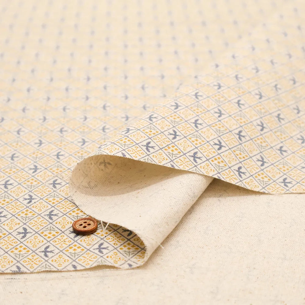 C/L Canvas Printed Fabric - sashiko moyo Mimosa Bird - nomura tailor