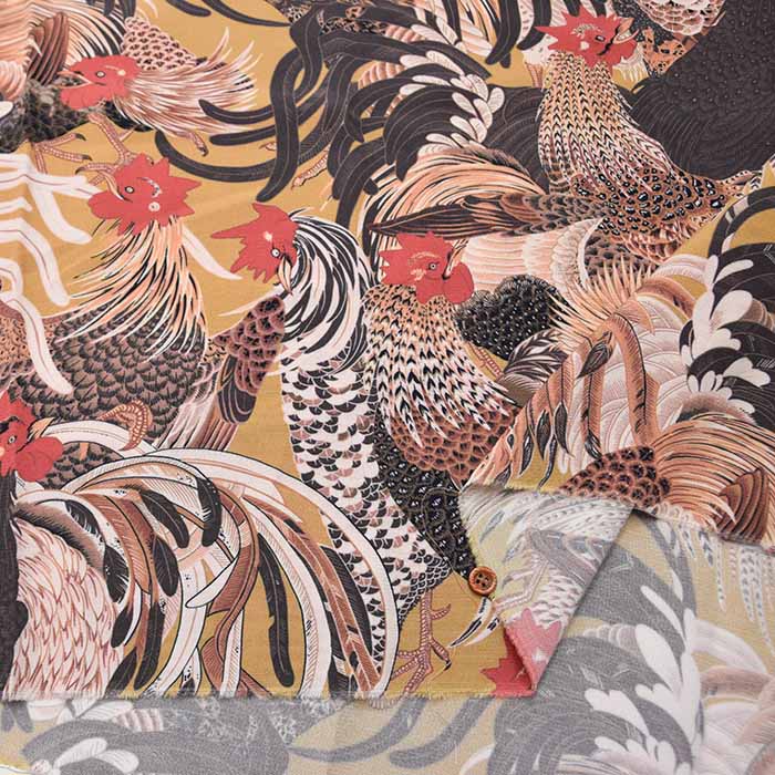 Rayon Chirimen Printed Fabric "Chicken Group" by Jakuchu Ito - nomura tailor